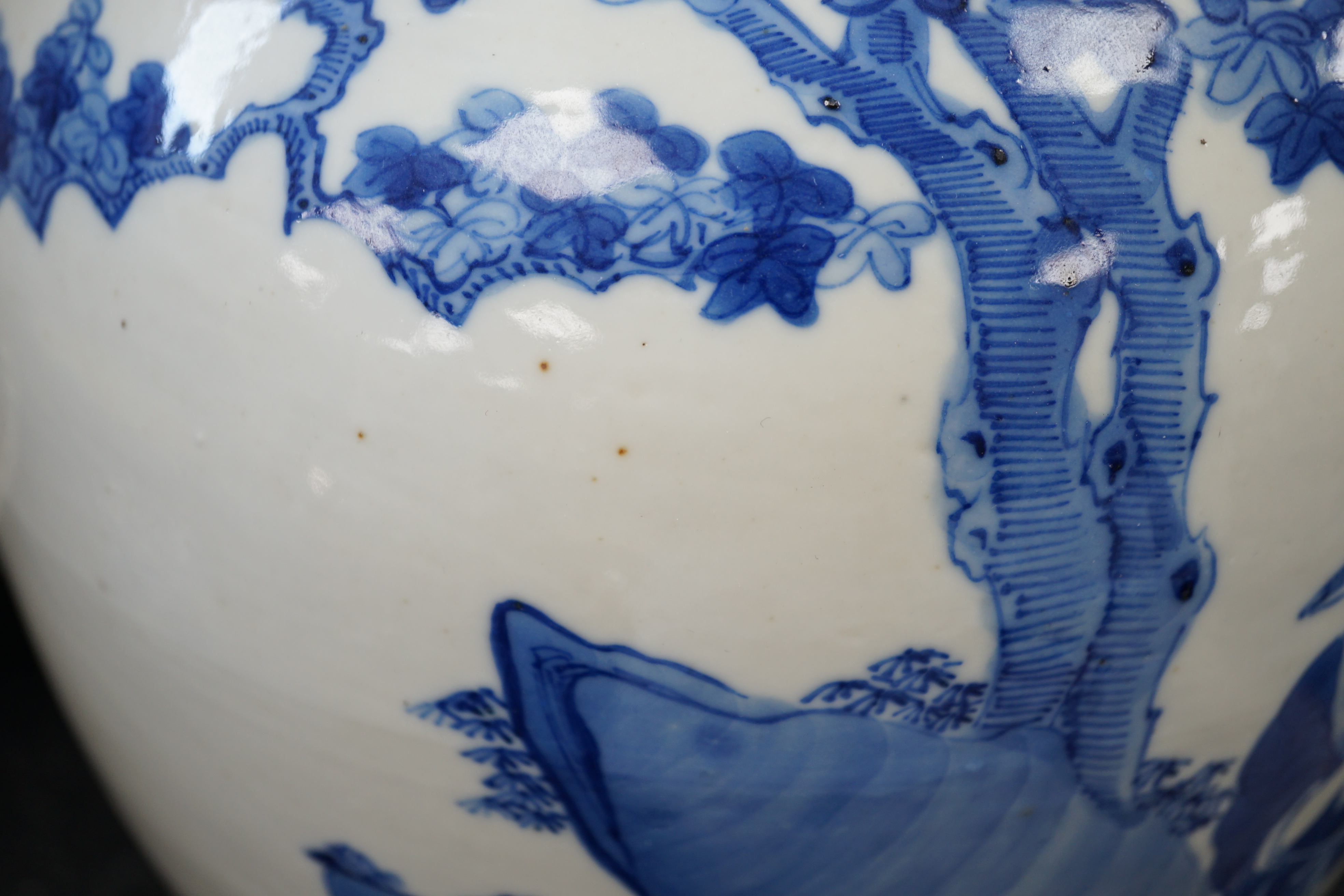 A large Chinese blue and white ‘Romance of the Western chamber’ ovoid jar and cover, Kangxi mark, but late 19th century